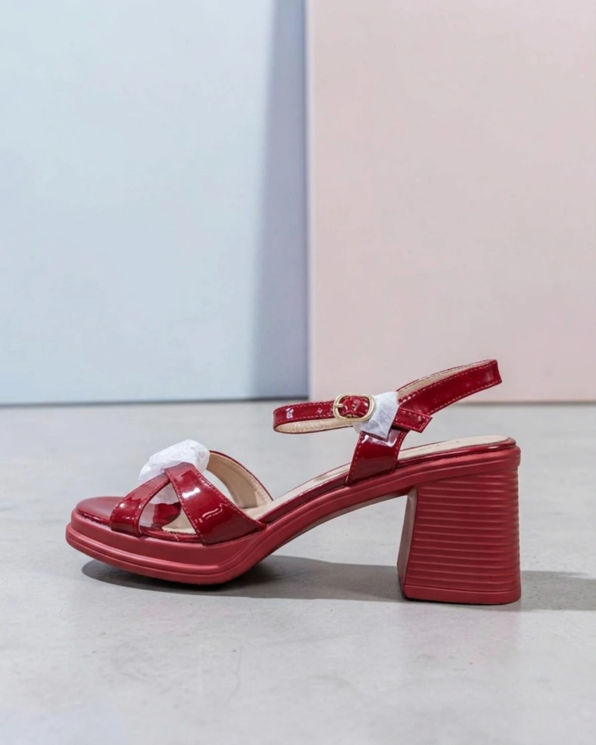 Red Patent Leather Cross-Strap Platform Block Heel Sandals — image 1