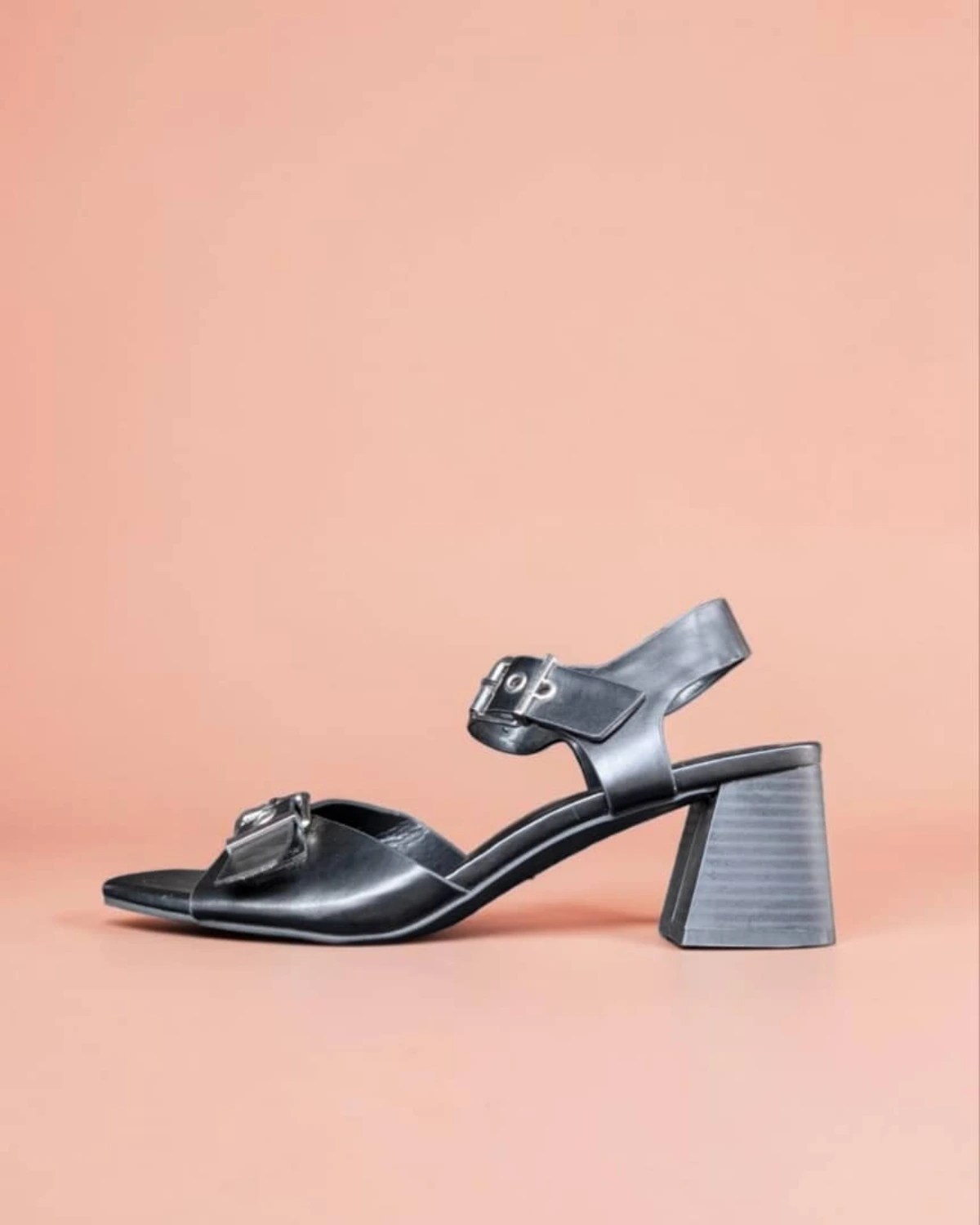 Black Leather Square-Toe Double-Buckle Block Heel Sandals — image 1